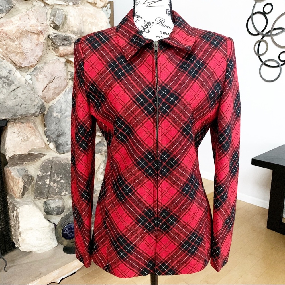 Halston Wool Tartan Plaid Zip Up Jacket